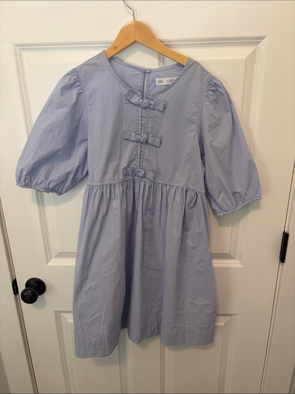 Zara Girls Pale Blue Puff-Sleeve Dress with Front Bows